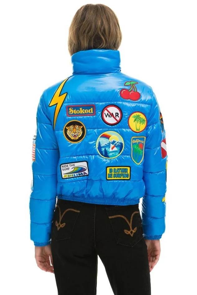 Women Outerwear Aviator Nation VINTAGE PATCH APRES PUFFER JACKET 8211 BLUE CINA GLOSSY