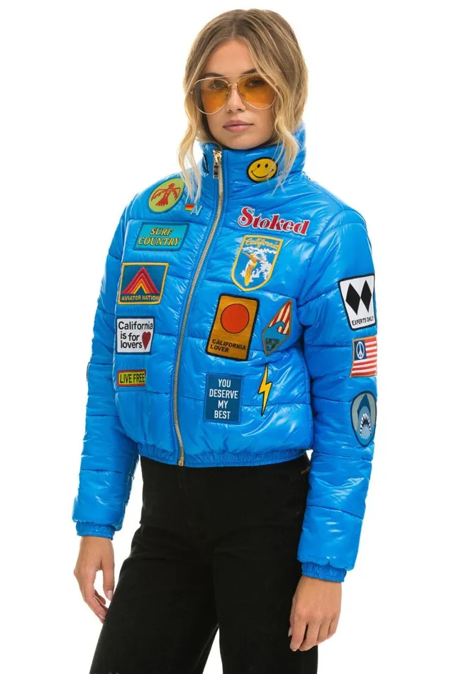 Women Outerwear Aviator Nation VINTAGE PATCH APRES PUFFER JACKET 8211 BLUE CINA GLOSSY