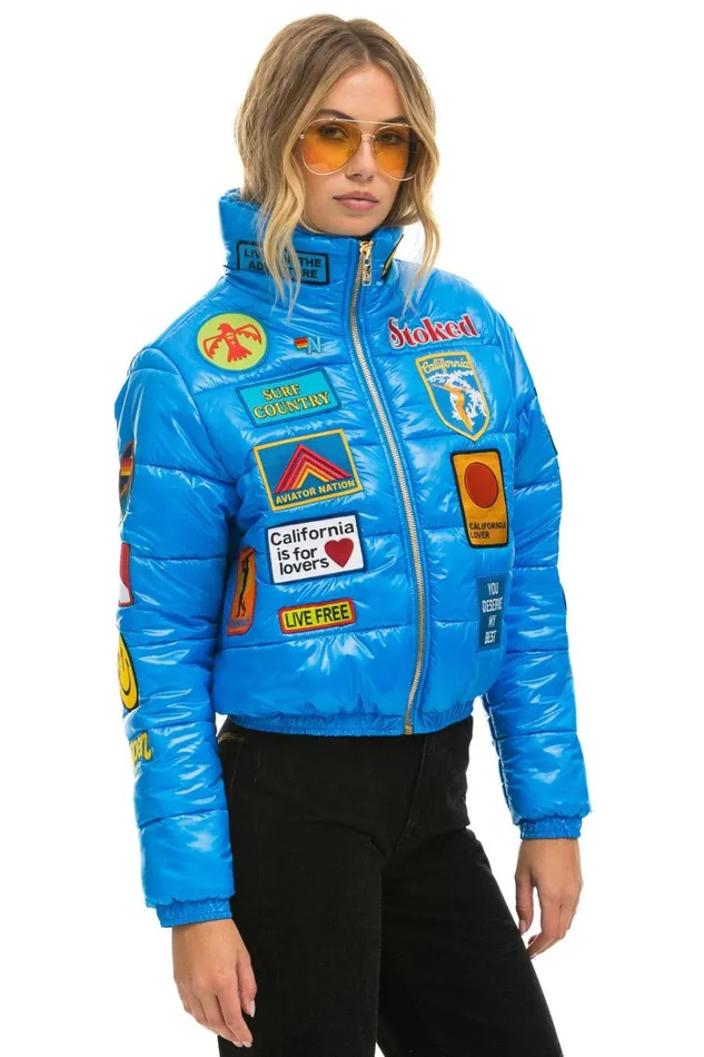 Women Outerwear Aviator Nation VINTAGE PATCH APRES PUFFER JACKET 8211 BLUE CINA GLOSSY
