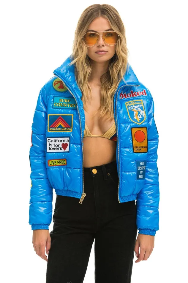 Women Outerwear Aviator Nation VINTAGE PATCH APRES PUFFER JACKET 8211 BLUE CINA GLOSSY