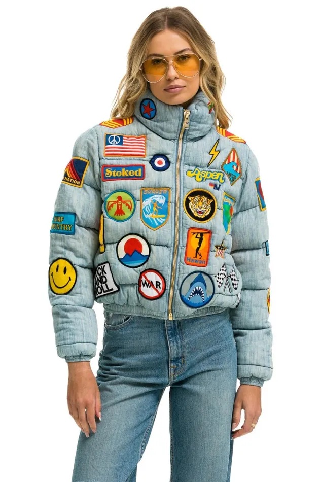 Women Outerwear Aviator Nation VINTAGE PATCH DENIM APRES PUFFER JACKET 8211 VINTAGE