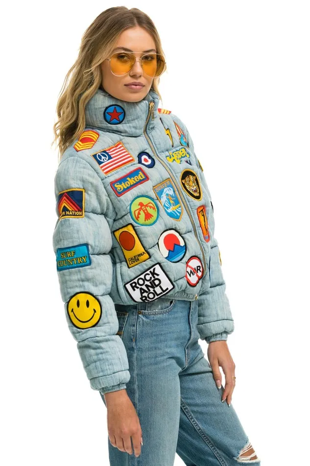Women Outerwear Aviator Nation VINTAGE PATCH DENIM APRES PUFFER JACKET 8211 VINTAGE