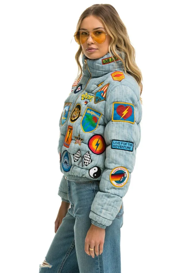 Women Outerwear Aviator Nation VINTAGE PATCH DENIM APRES PUFFER JACKET 8211 VINTAGE