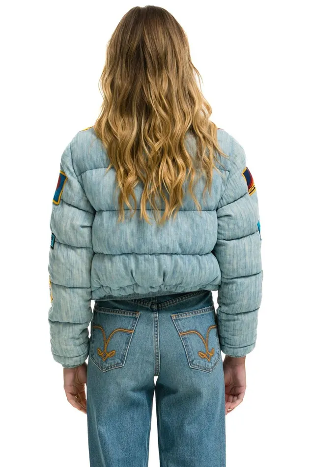 Women Outerwear Aviator Nation VINTAGE PATCH DENIM APRES PUFFER JACKET 8211 VINTAGE