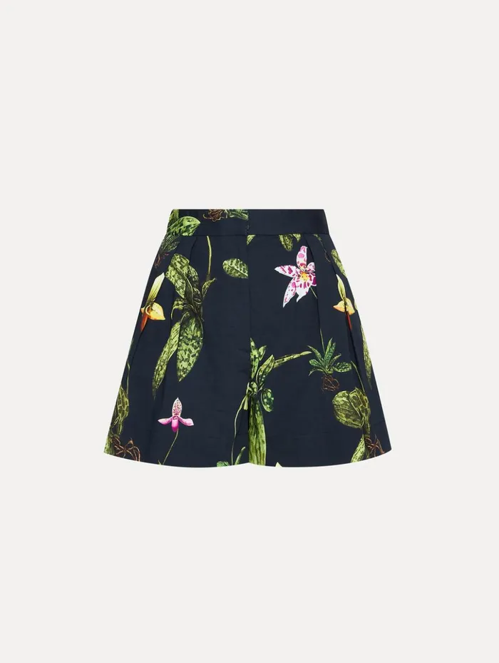 Women Pants and Skirts Oscar De La Renta Orchid Cotton Poplin Wide Leg Shorts Navy Multi