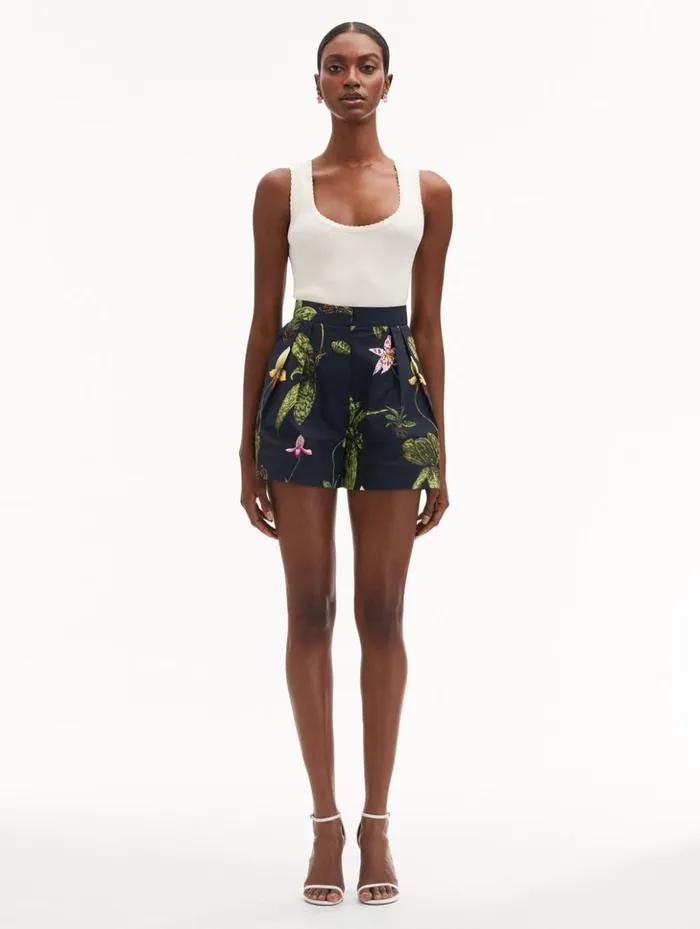 Women Pants and Skirts Oscar De La Renta Orchid Cotton Poplin Wide Leg Shorts Navy Multi Women Pants and Skirts Oscar De La Renta Orchid Cotton Poplin Wide Leg Shorts Navy Multi