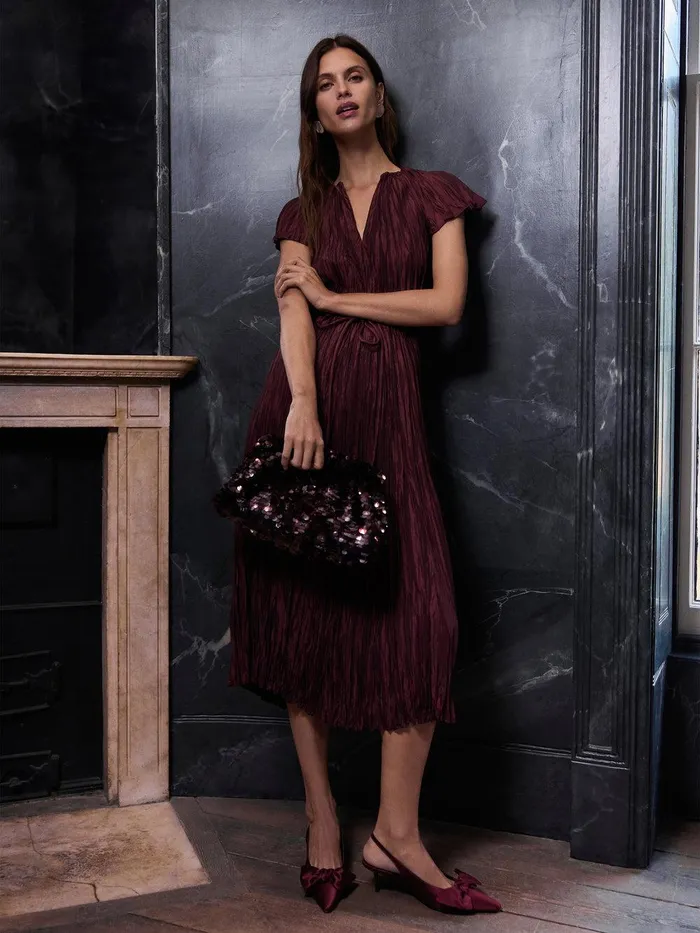 Women Plisse Belted Dress Red Jigsaw Party