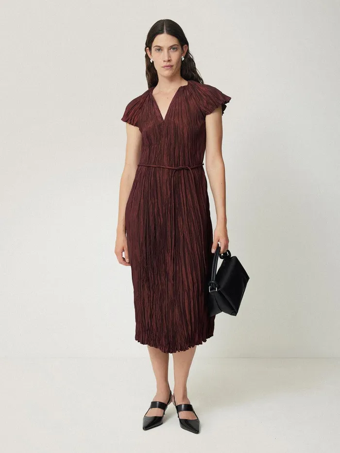 Women Plisse Belted Dress Red Jigsaw Party
