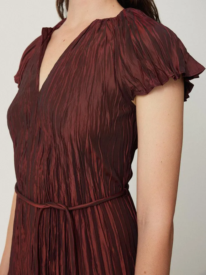 Women Plisse Belted Dress Red Jigsaw Party