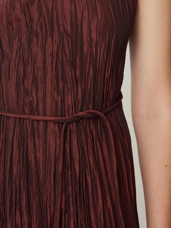 Women Plisse Belted Dress Red Jigsaw Party