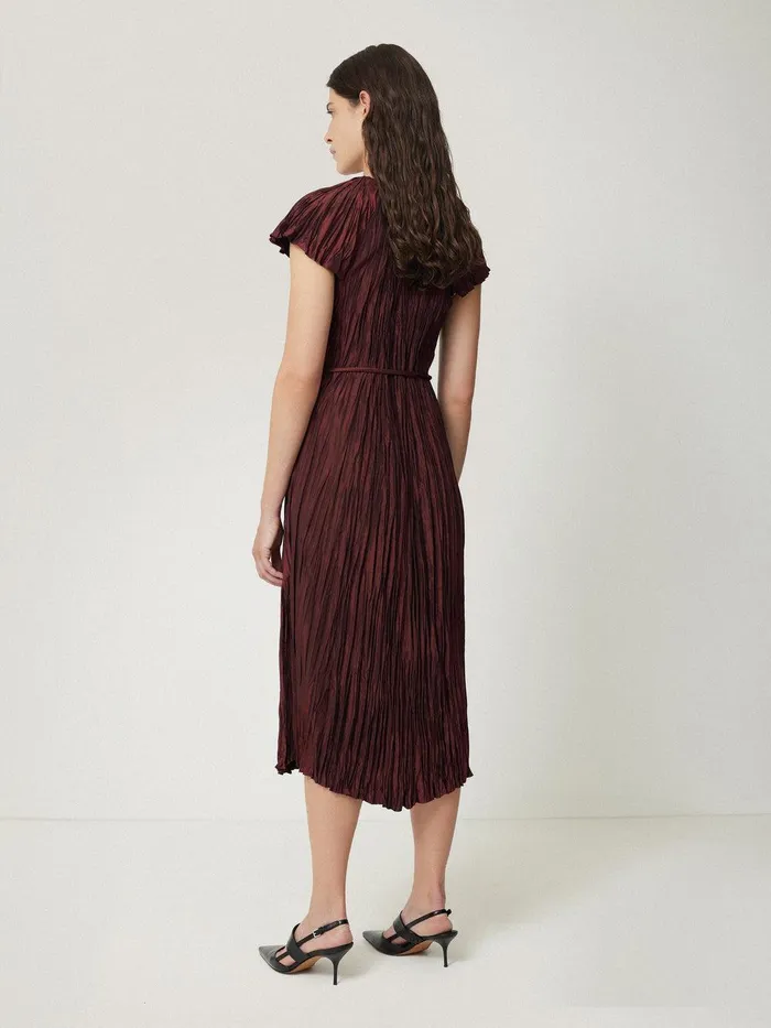 Women Plisse Belted Dress Red Jigsaw Party