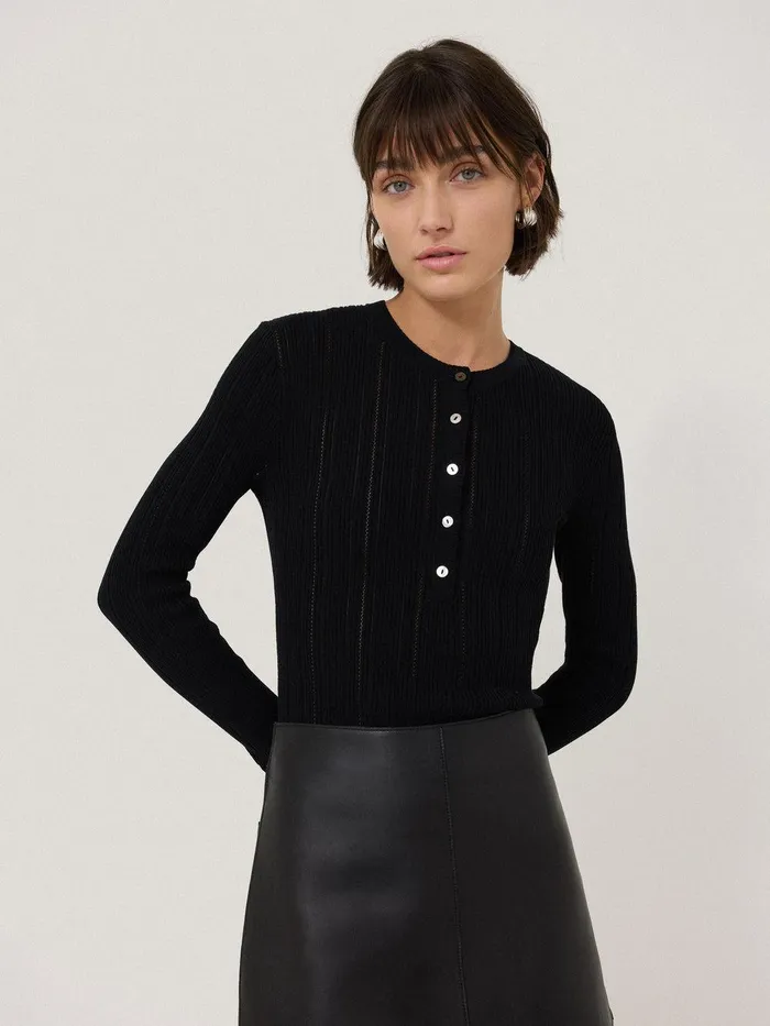 Women Rib Pointelle Henley Jumper Black Jigsaw Knitwear and Cashmere