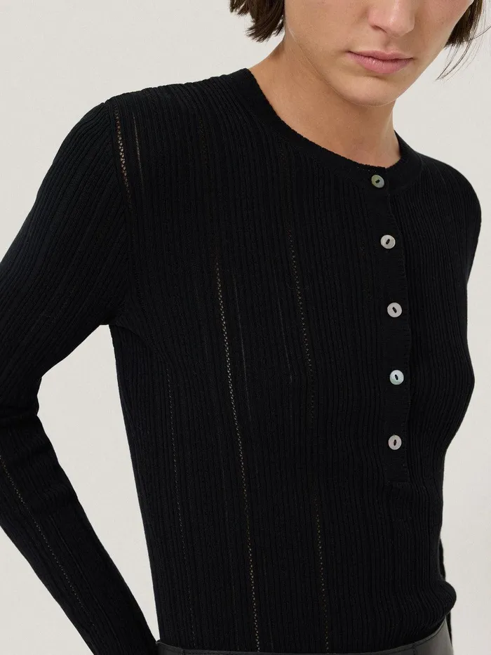 Women Rib Pointelle Henley Jumper Black Jigsaw Knitwear and Cashmere