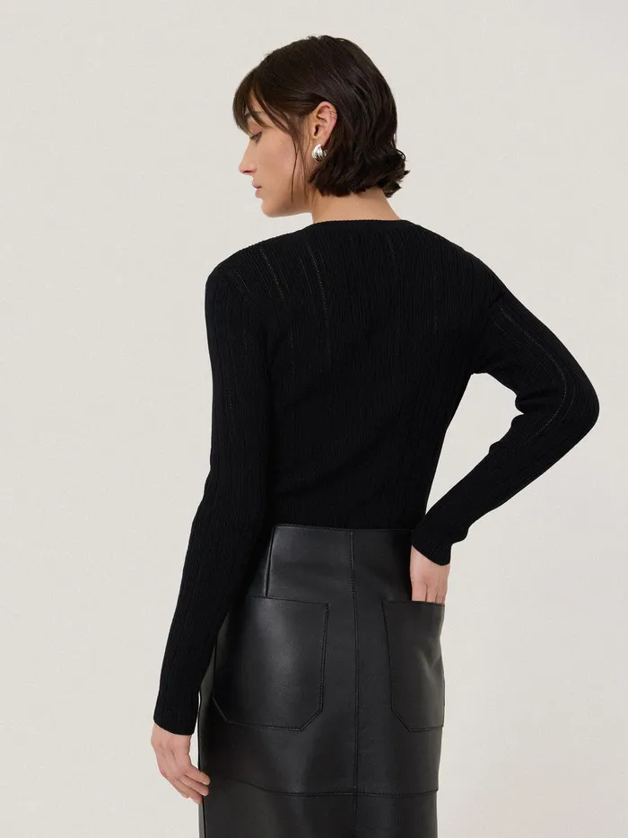 Women Rib Pointelle Henley Jumper Black Jigsaw Knitwear and Cashmere
