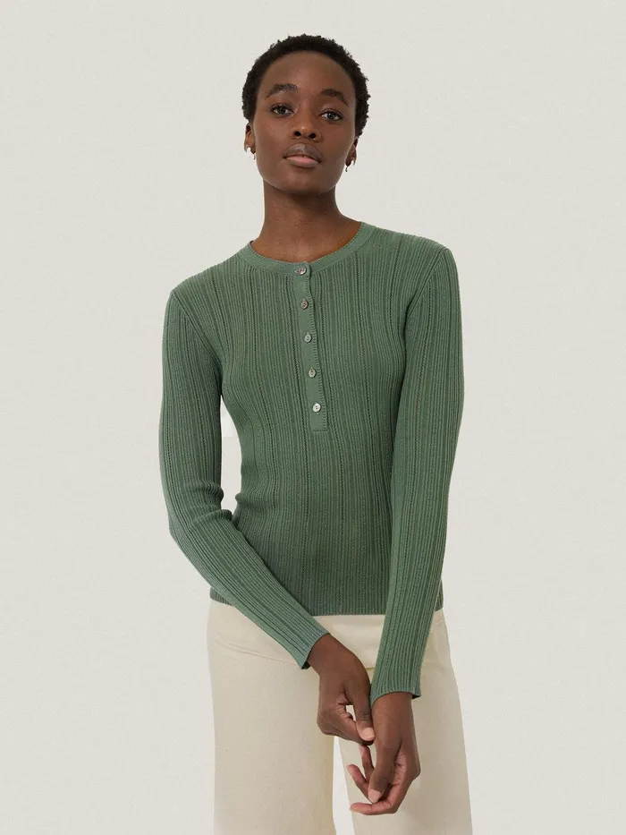 Women Rib Pointelle Henley Jumper Green Jigsaw Knitwear and Cashmere