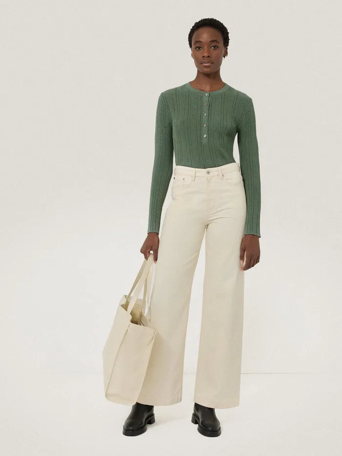 Women Rib Pointelle Henley Jumper Green Jigsaw Knitwear and Cashmere