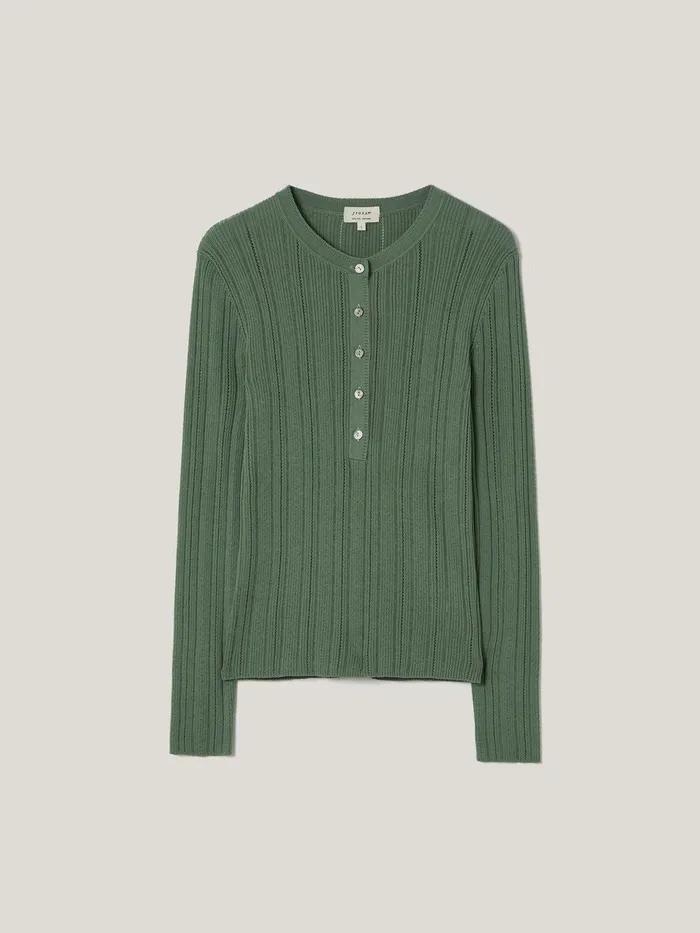Women Rib Pointelle Henley Jumper Green Jigsaw Knitwear and Cashmere