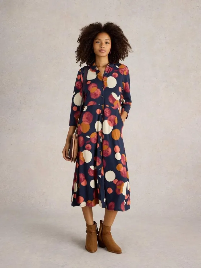 Women Rua Midi Jersey Shirt Dress Navy Print White Stuff Dresses