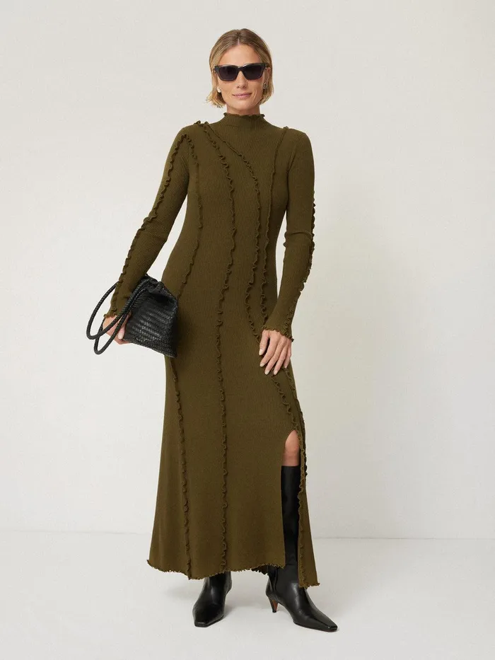 Women Ruffle Detail Knitted Dress Khaki Jigsaw Dresses and Jumpsuits