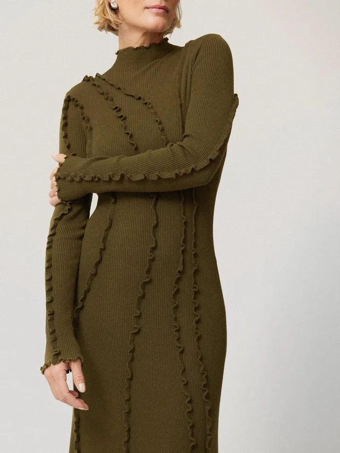 Women Ruffle Detail Knitted Dress Khaki Jigsaw Dresses and Jumpsuits