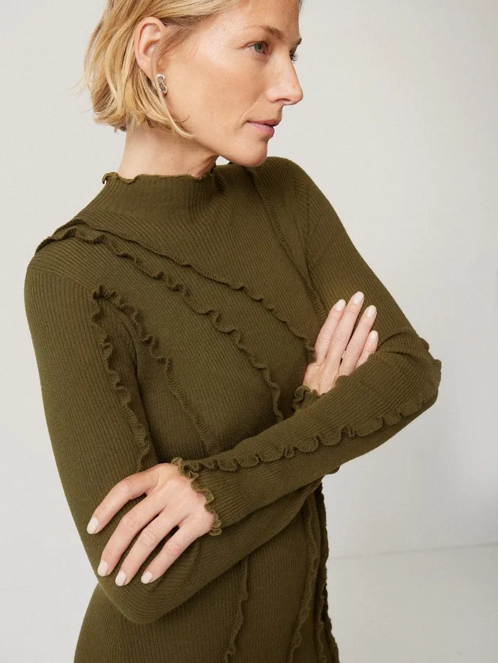 Women Ruffle Detail Knitted Dress Khaki Jigsaw Dresses and Jumpsuits
