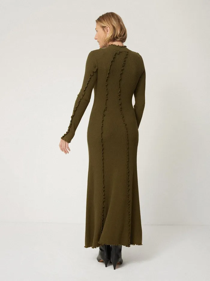 Women Ruffle Detail Knitted Dress Khaki Jigsaw Dresses and Jumpsuits