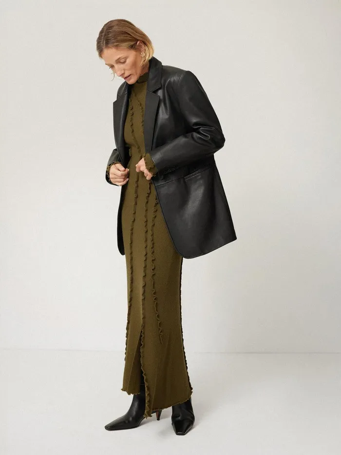 Women Ruffle Detail Knitted Dress Khaki Jigsaw Dresses and Jumpsuits
