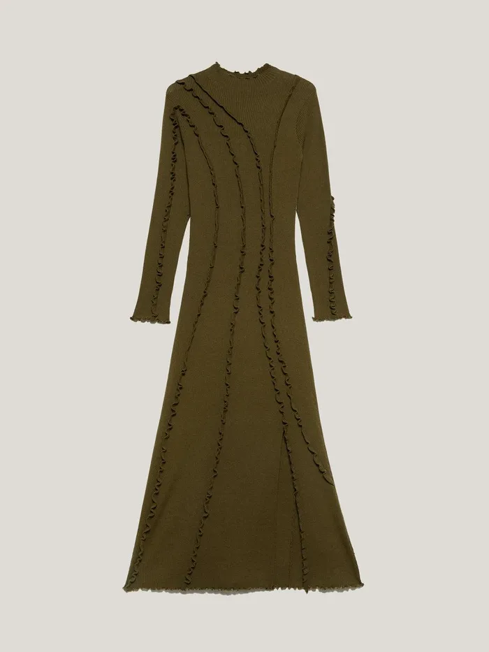Women Ruffle Detail Knitted Dress Khaki Jigsaw Dresses and Jumpsuits