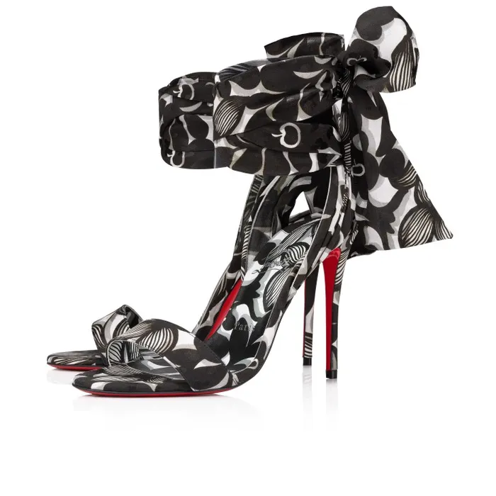 Women Sandale Du Dsert 100 Mm Strappy Sandals 8211 Petunia Printed Crepe Satin 8211 Black Christian Louboutin Sandals and Slides