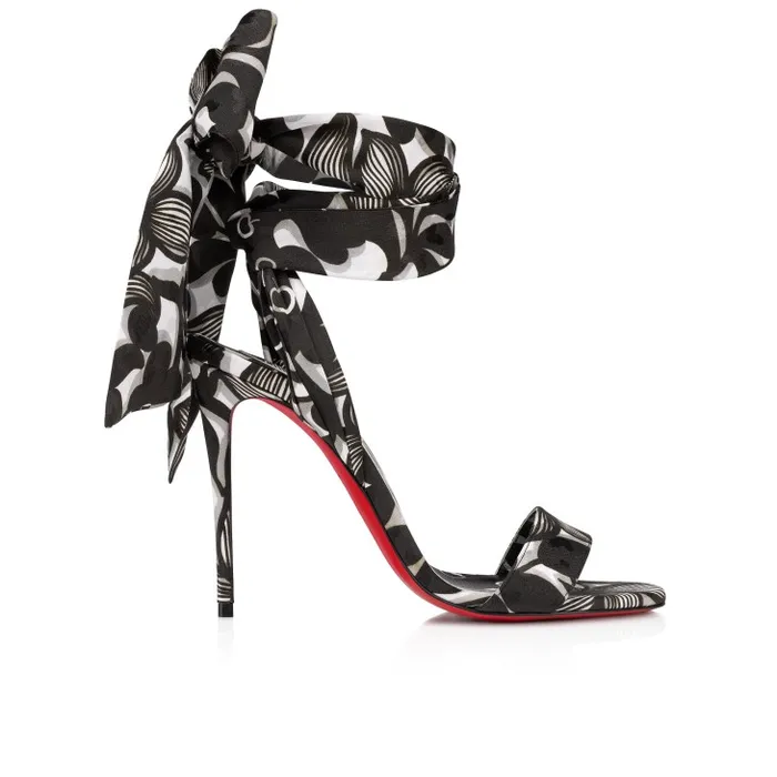 Women Sandale Du Dsert 100 Mm Strappy Sandals 8211 Petunia Printed Crepe Satin 8211 Black Christian Louboutin Sandals and Slides