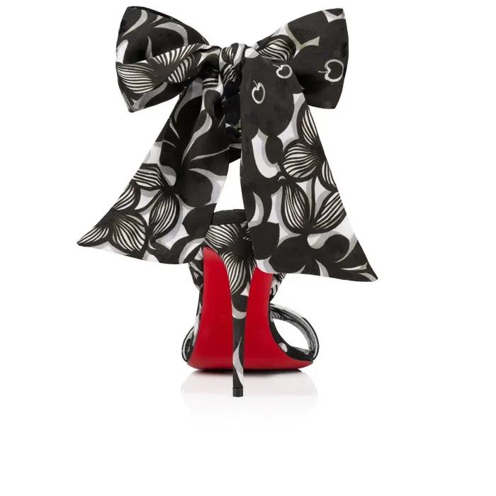 Women Sandale Du Dsert 100 Mm Strappy Sandals 8211 Petunia Printed Crepe Satin 8211 Black Christian Louboutin Sandals and Slides