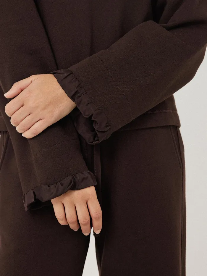 Women Satin Cuff Jersey Sweatshirt Chocolate Jigsaw Shirts and Tops