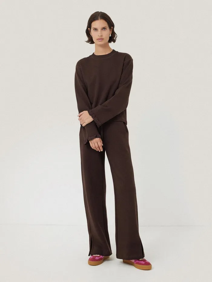 Women Satin Cuff Jersey Sweatshirt Chocolate Jigsaw Shirts and Tops