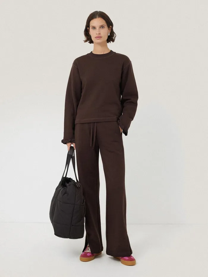 Women Satin Cuff Jersey Sweatshirt Chocolate Jigsaw Shirts and Tops