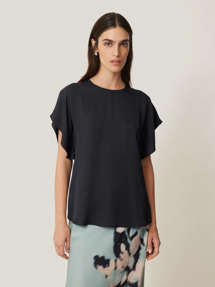 Women Silk Drape Sleeve Top Navy Jigsaw Shirts and Tops