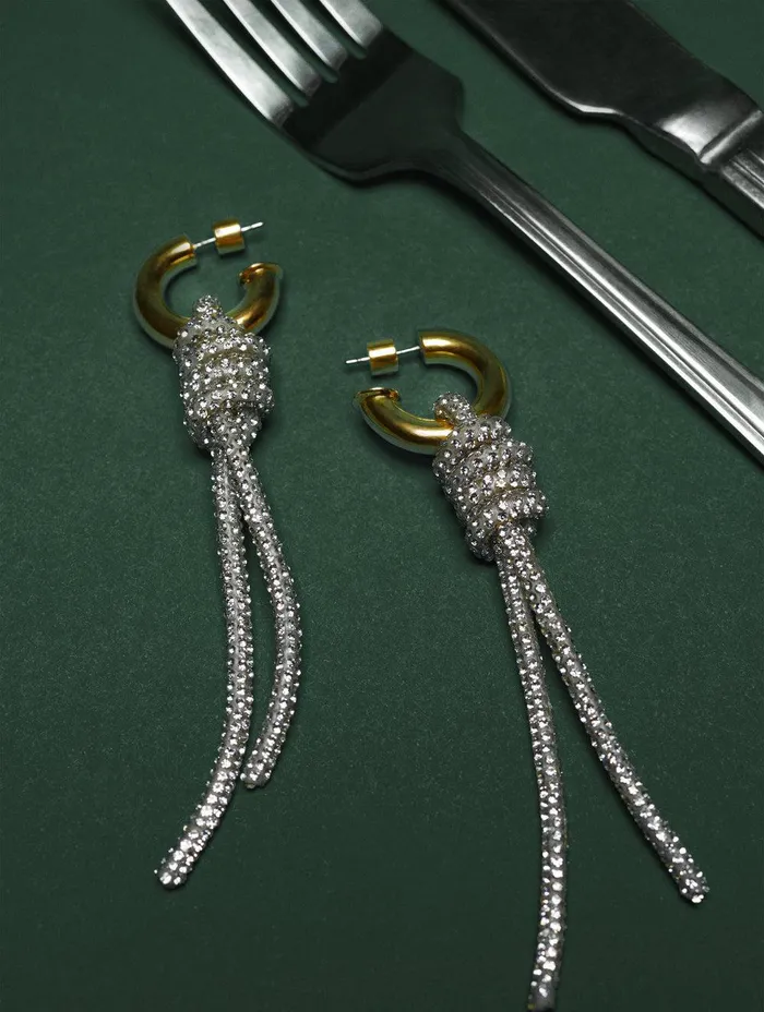Women Sparkle Cord Earring Silver Jigsaw Party