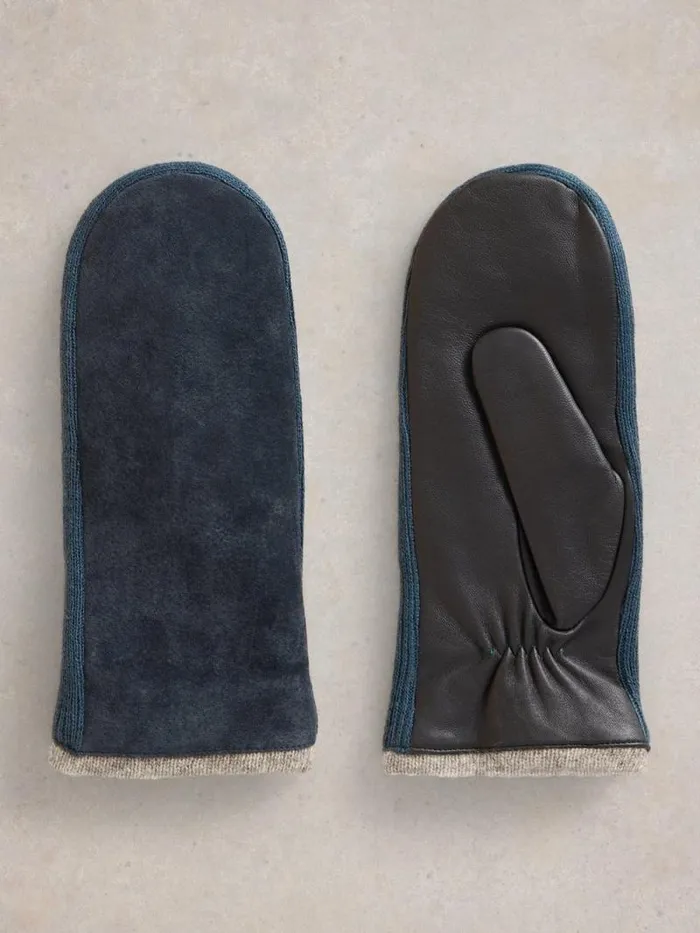 Women Suede Knitted Mitten Dark Navy White Stuff Hats and Gloves