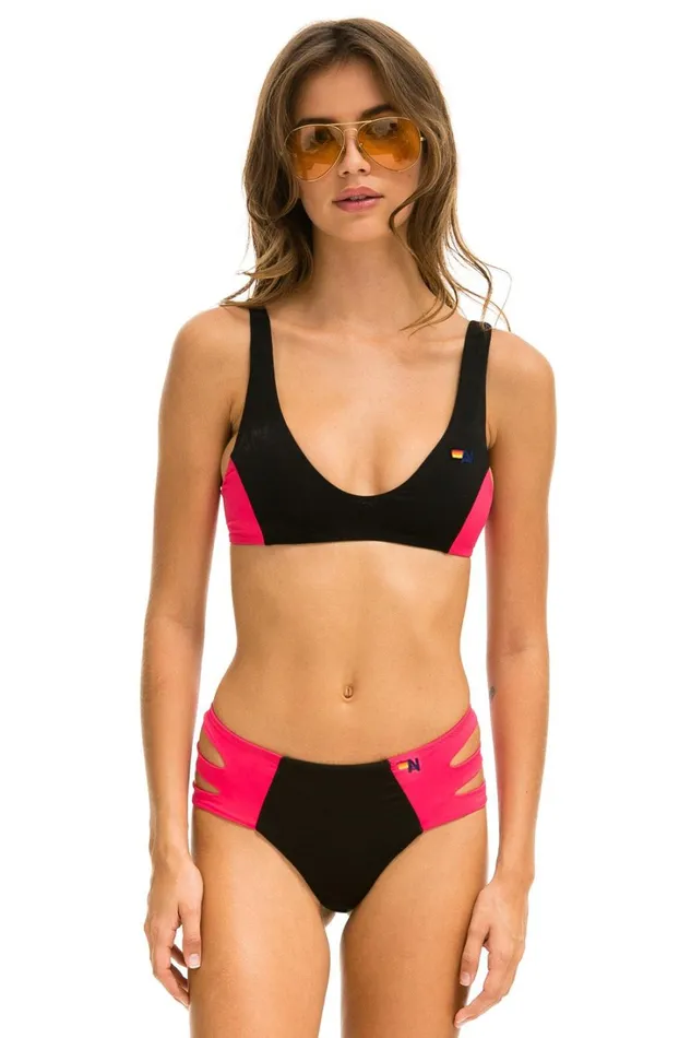 Women Swim Aviator Nation HIWAISTED SIDE CUT OUT COLOR BLOCK CHEEKY BIKINI BOTTOMS 8211 BLACK RED