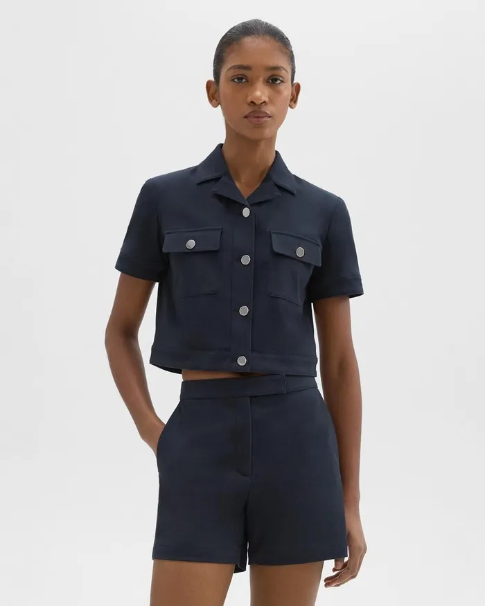 Women Theory Blazers Jackets ShortSleeve Military Shirt In Neoteric Twill Dark Navy