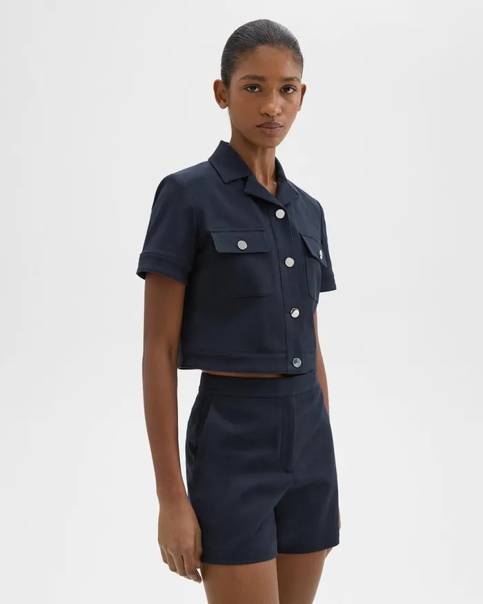 Women Theory Blazers Jackets ShortSleeve Military Shirt In Neoteric Twill Dark Navy