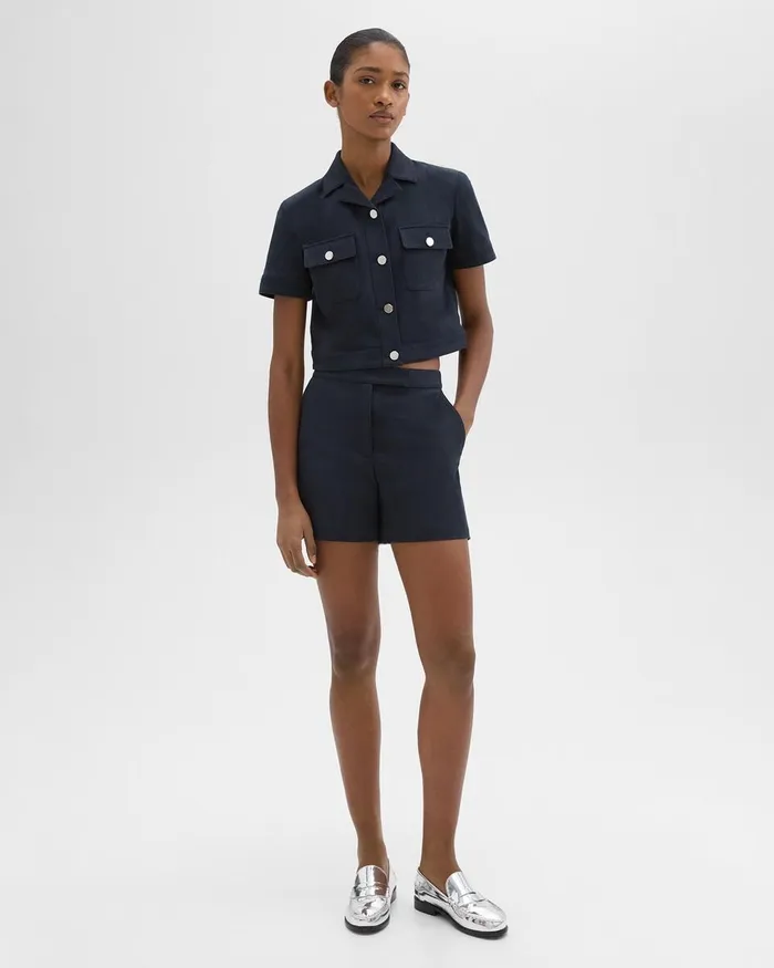 Women Theory Blazers Jackets ShortSleeve Military Shirt In Neoteric Twill Dark Navy