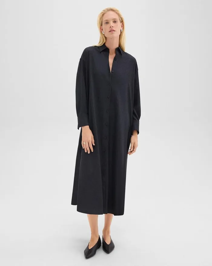Women Theory Dresses Oversized Shirt Dress In Stretch Flannel Charcoal Melange