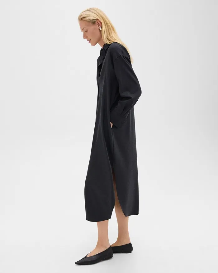 Women Theory Dresses Oversized Shirt Dress In Stretch Flannel Charcoal Melange