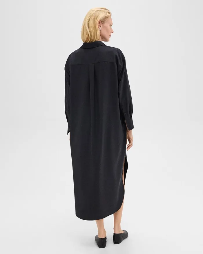 Women Theory Dresses Oversized Shirt Dress In Stretch Flannel Charcoal Melange