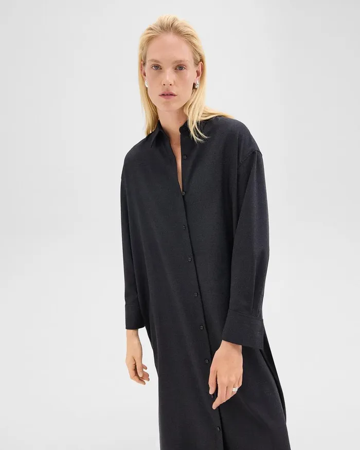 Women Theory Dresses Oversized Shirt Dress In Stretch Flannel Charcoal Melange