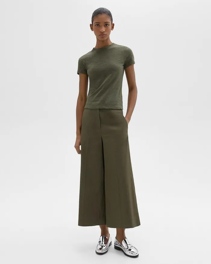 Women Theory Pants Cropped WideLeg Pant In Good Linen Dark Olive