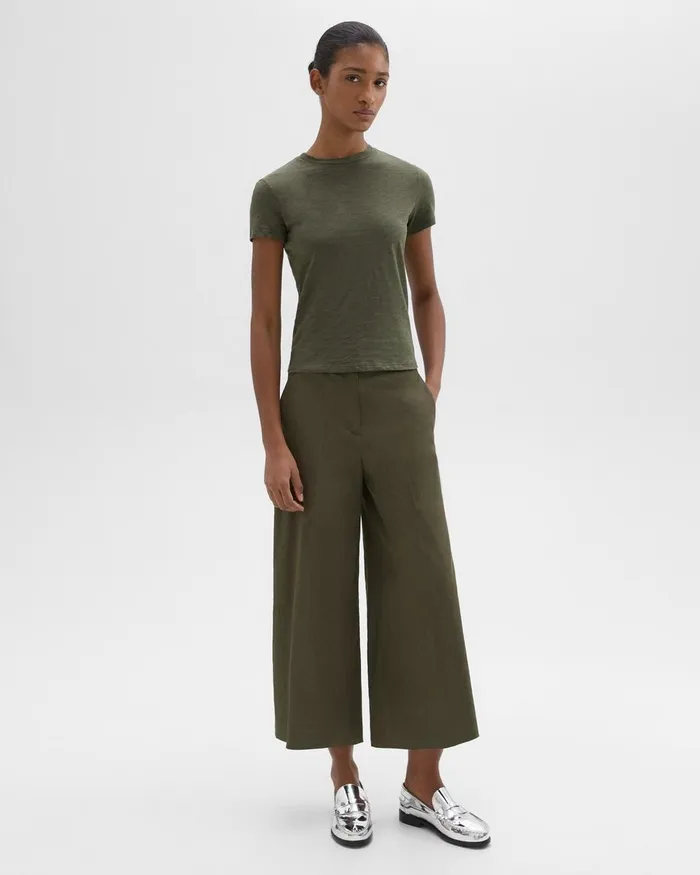 Women Theory Pants Cropped WideLeg Pant In Good Linen Dark Olive