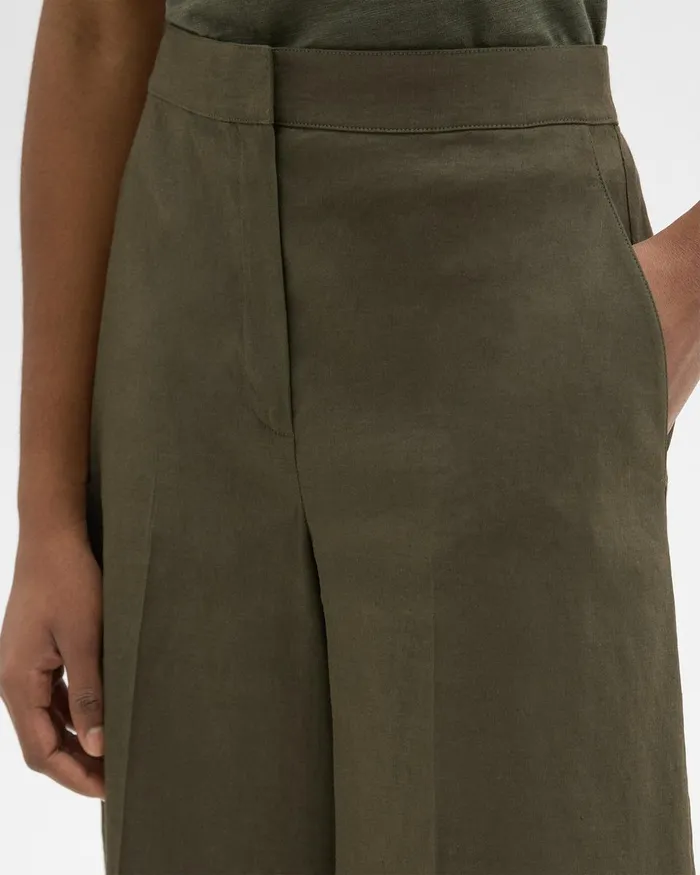 Women Theory Pants Cropped WideLeg Pant In Good Linen Dark Olive