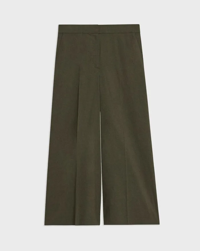 Women Theory Pants Cropped WideLeg Pant In Good Linen Dark Olive