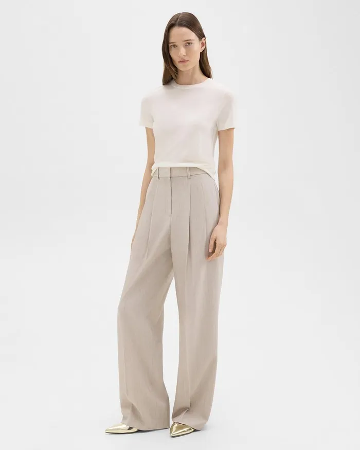 Women Theory Pants Double Pleat Pant In Good Wool Sand Melange